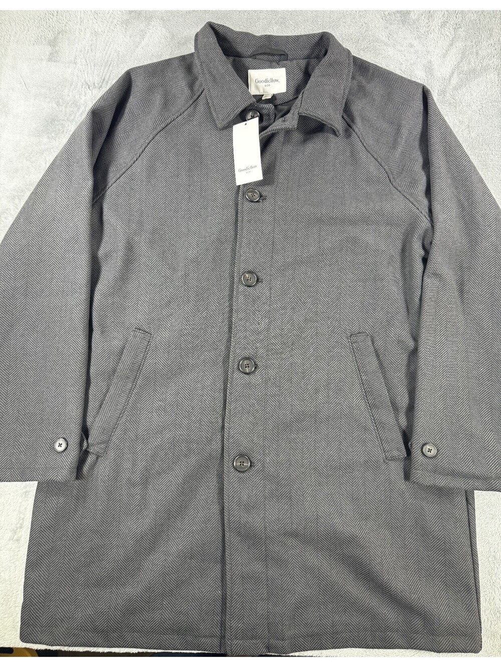 Goodfellow & Co Mens Gray Herringbone Overcoat Single-Breasted Heavyweight Large